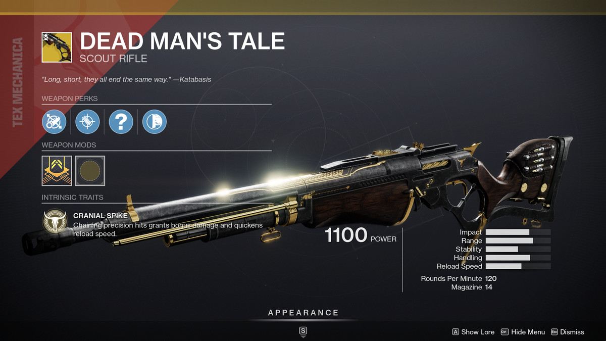 Dead Man's Tale Exotic Scout Rifle with Perks