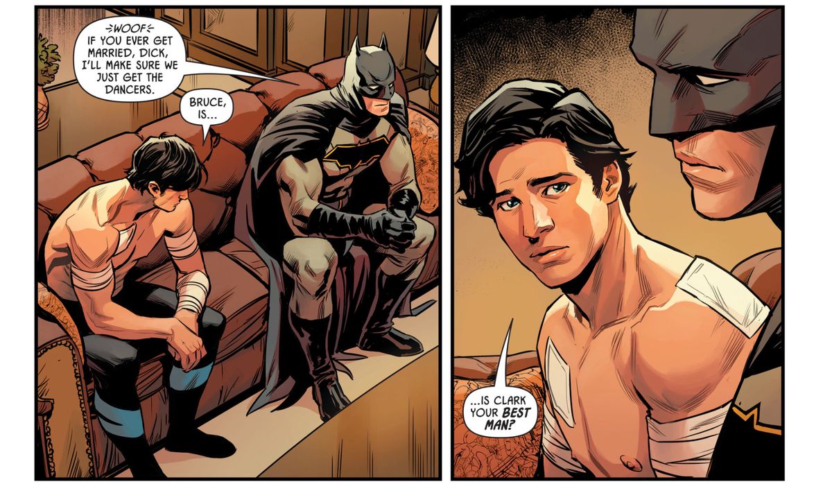 Dick Grayson (Nightwing) and Batman in Batman: Prelude to the Wedding: Nightwing vs. Hush #1, DC Comics (2018).