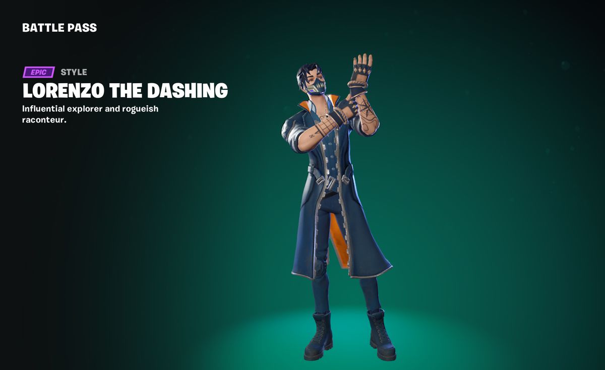 Lorenzo the Dashing, who gets a face mask covering his nose and mouth, as well as a long blue jacket with orange accents in Fortnite
