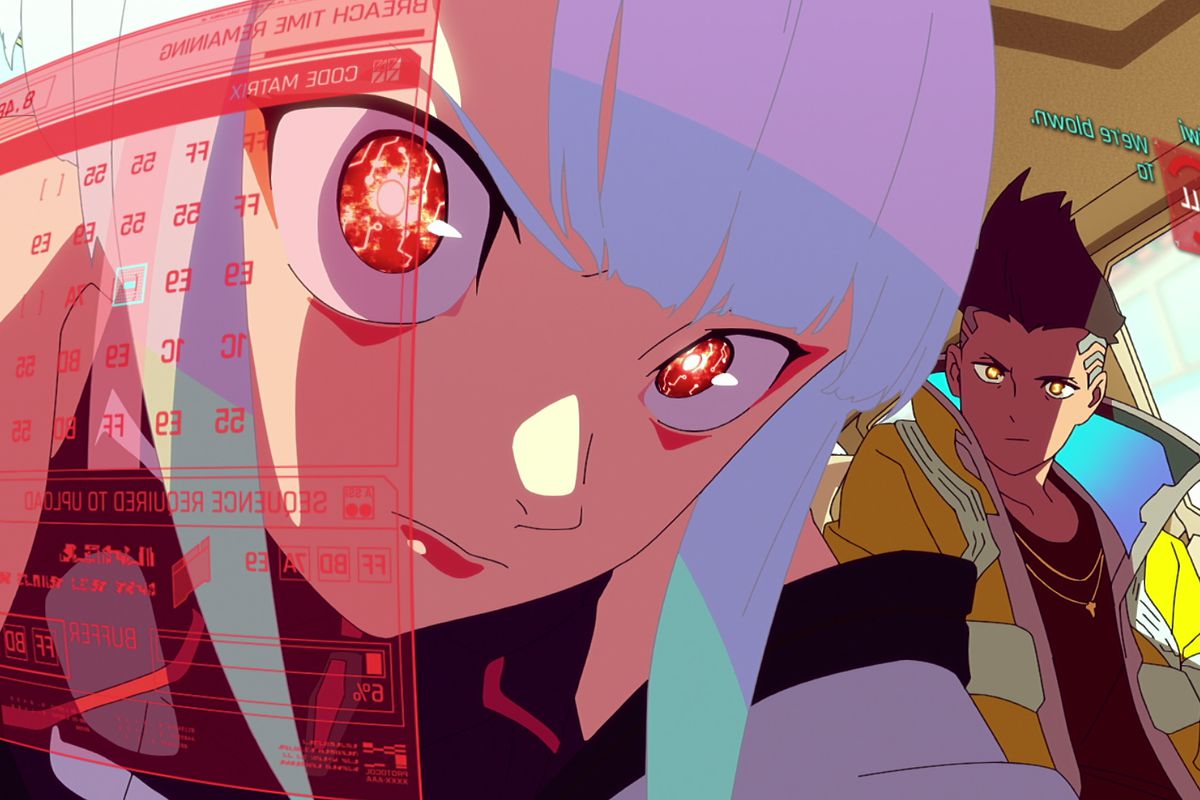 Art from Studio Trigger’s Cyberpunk: Edgerunners. Two anime characters look at the camera. There is a red computer-like overlay over part of one character’s face.