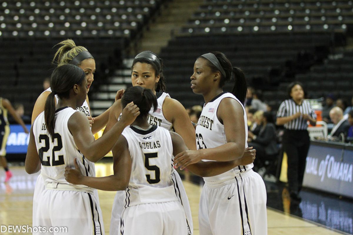 Wake Forest's starting lineup huddles before tip-off against Georgia Tech