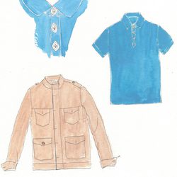 Cotton/linen four-pocket short jacket, $168. Spread collar pique polo, $38.