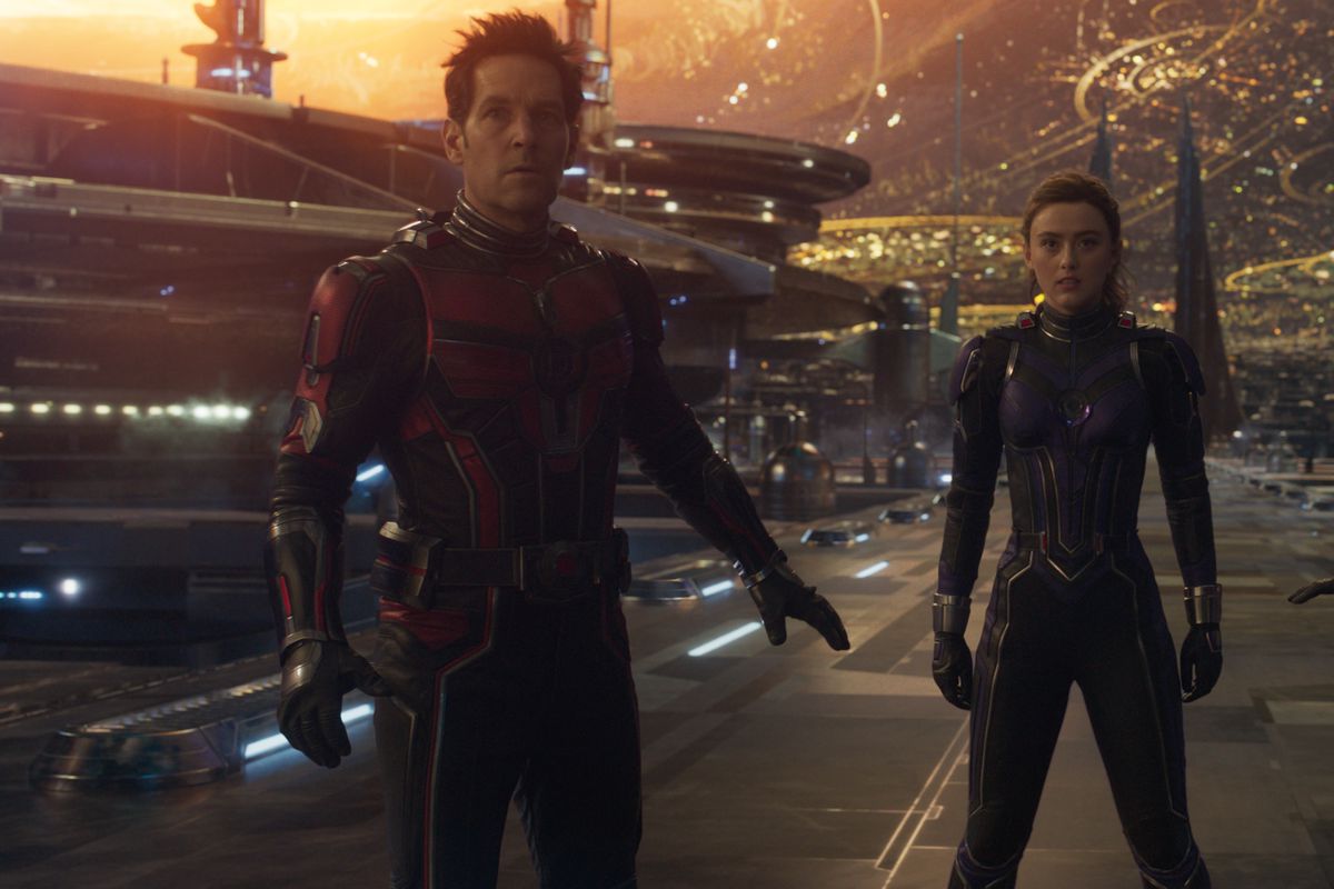 Paul Rudd as Scott Lang/Ant-Man, Kathryn Newton as Cassandra “Cassie” Lang, Evangeline Lilly as Hope Van Dyne/Wasp in Ant-Man and the Wasp: Quantumania.