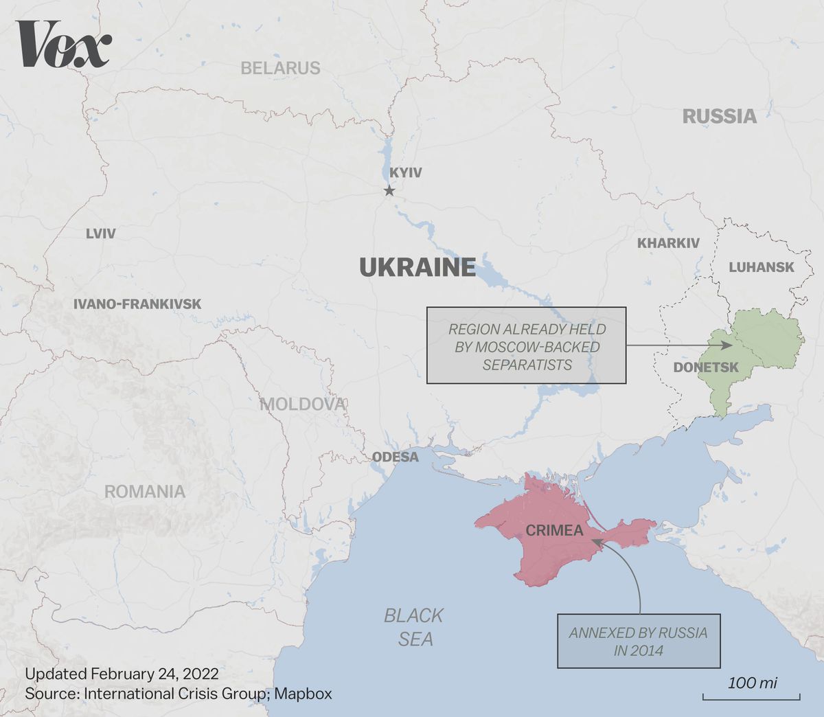 A map of Ukraine and surrounding countries, including areas already annexed by Russia.