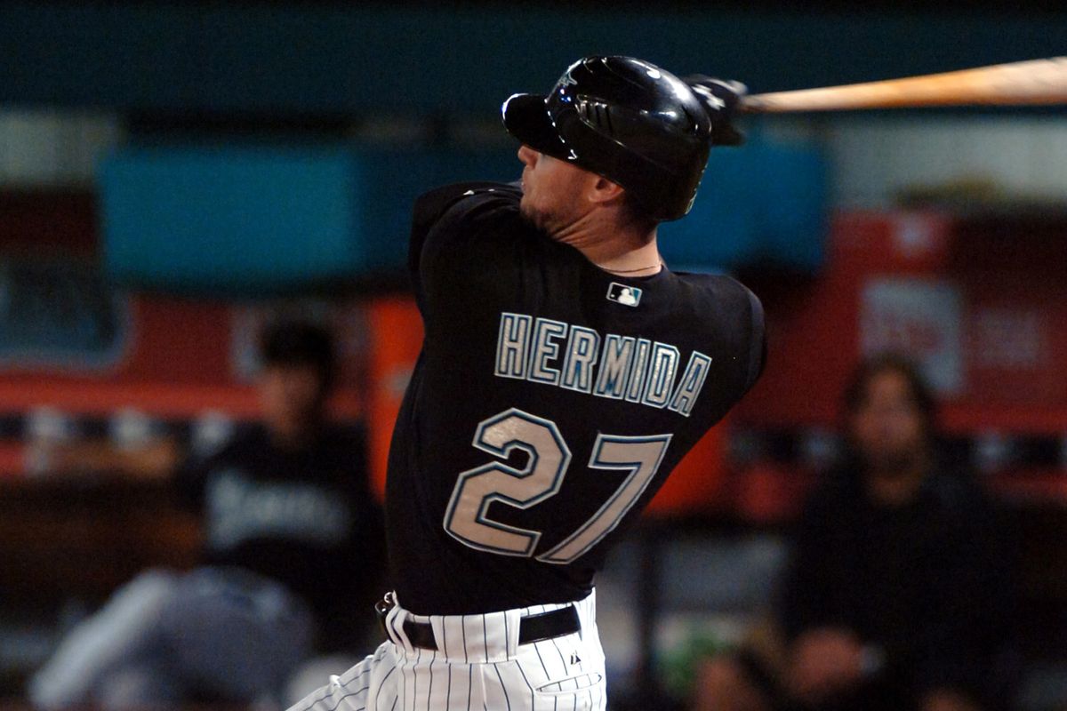 Florida Marlins’ Jeremy Hermida hits a home run in the fifth inning during the Marlins’ game against the Tampa Bay Devil Rays at Dolphin Stadium in Miami, Florida, Friday, June 8, 2007.