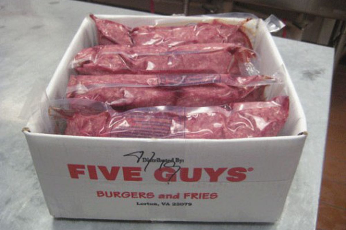 Five Guys uses between 80 and 90 of these 20-pound cases of ground beef per week. That's approximately 1,700 pounds of ground beef.