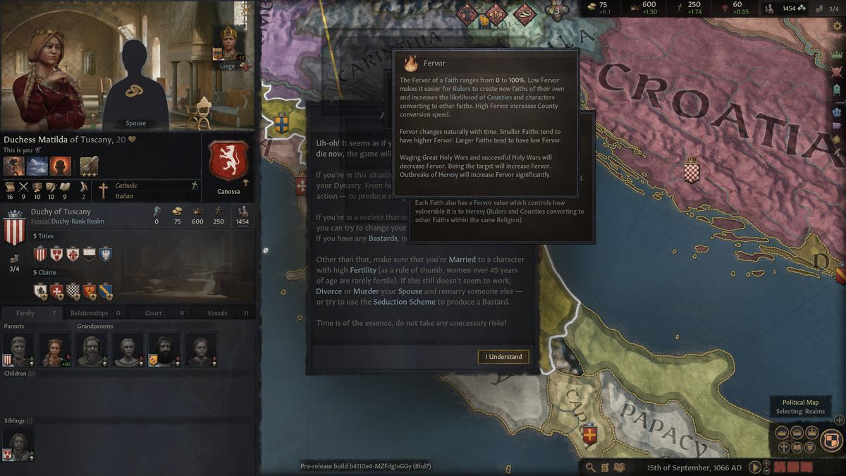 A menu gives a brief description of Crusader Kings 3’s “fervor” mechanic. Behind it, grayed out, are a dozen more menus.
