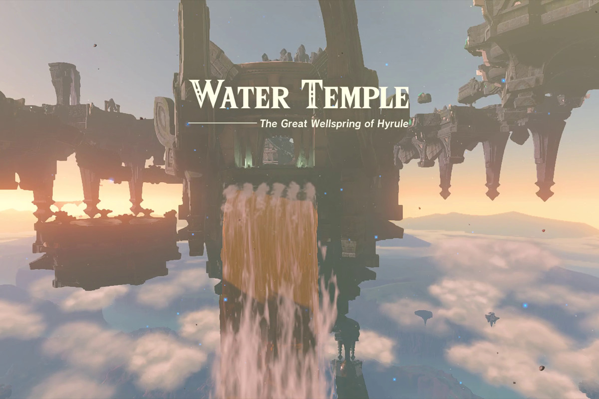 We see a building and connecting walkways floating above a field of clouds and a sunset. The building has a stone door surrounding by a glowing lamp on each side, and the walkway has decorative stone pieces that jut downwards like teeth. Text on the top of the image reads “Water Temple — The Great Wellspring of Hyrule.”