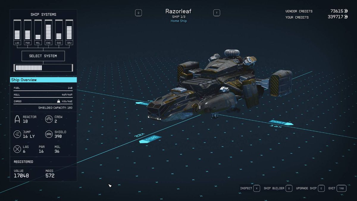 A menu shows the stats for the Razorleaf, one of the best ships in Starfield.