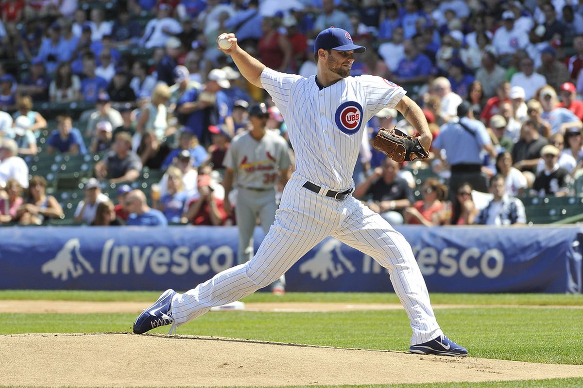 CHICAGO, IL - AUGUST 19:  Starting pitcher Randy Wells #36 of the Chicago Cubs delivers during the first inning against the St. Louis Cardinals at Wrigley Field on August 19, 2011 in Chicago, Illinois.  (Photo by Brian Kersey/Getty Images)