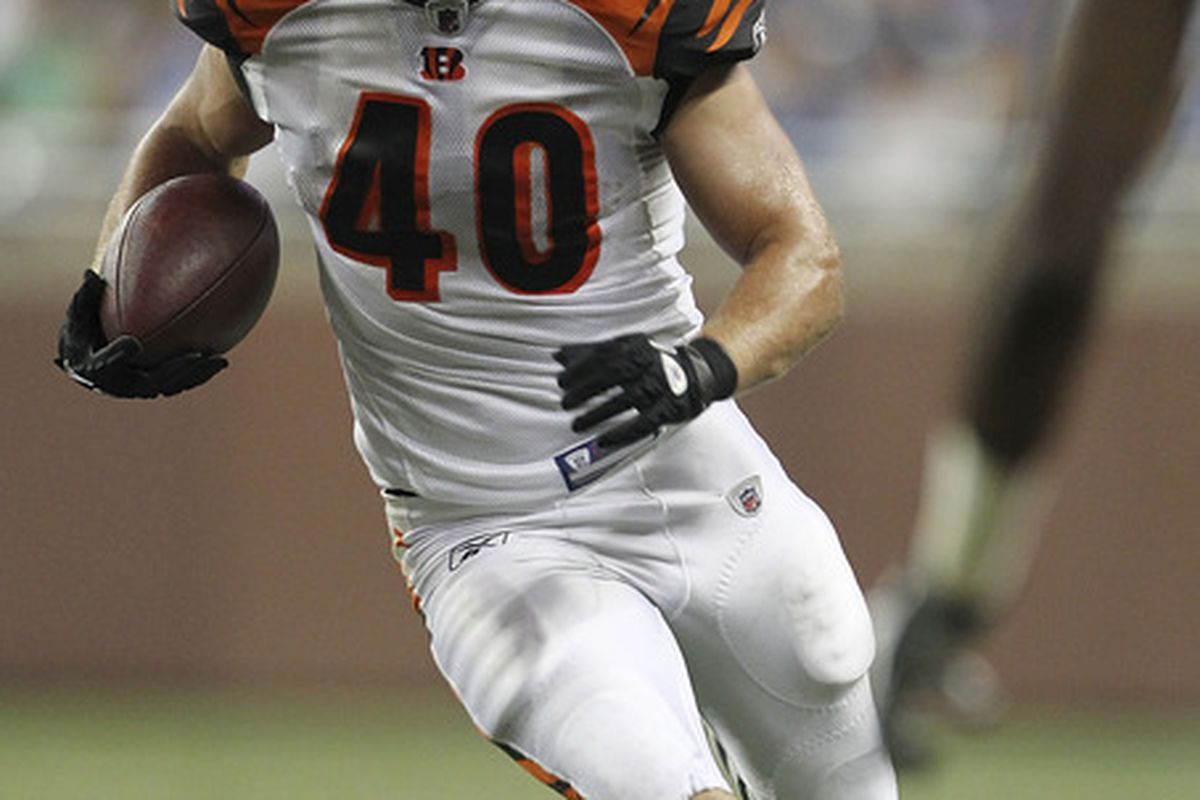 DETROIT - AUGUST 12:  Brian Leonard #40 of the Cincinnati Bengals runs for a short gain during the second quarter of the game against the Detroit Lions at Ford Field on August 12, 2011 in Detroit, Michigan.  (Photo by Leon Halip/Getty Images)
