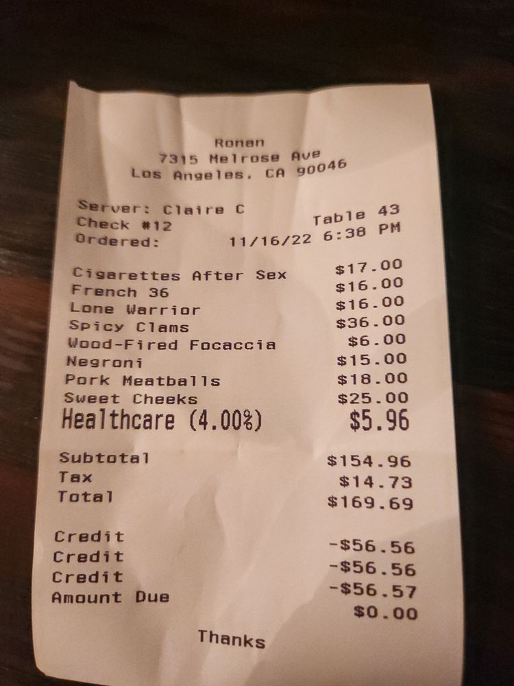 Receipt from Ronan with a healthcare charge.