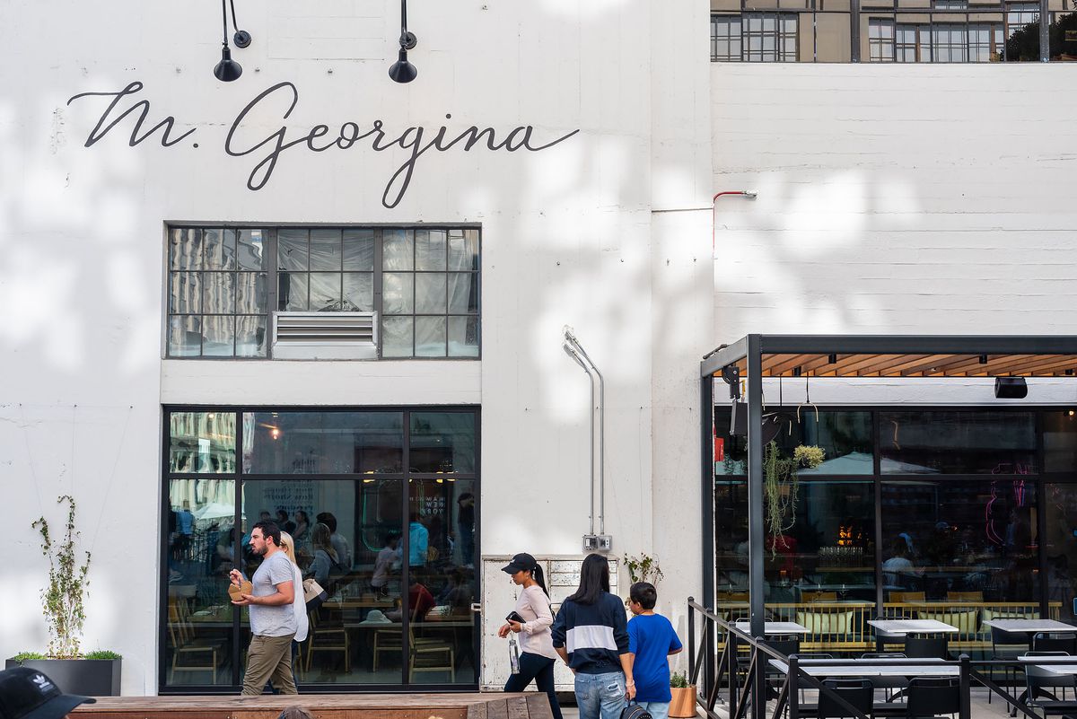 The exterior of M. Georgina, a bright new warehouse-y restaurant.