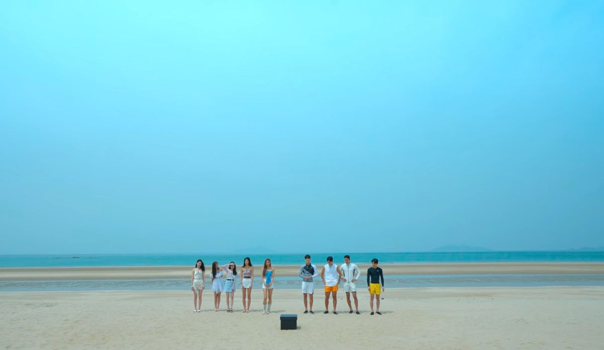 Single’s Inferno season 2 contestants stand in front of a gorgeous beach.