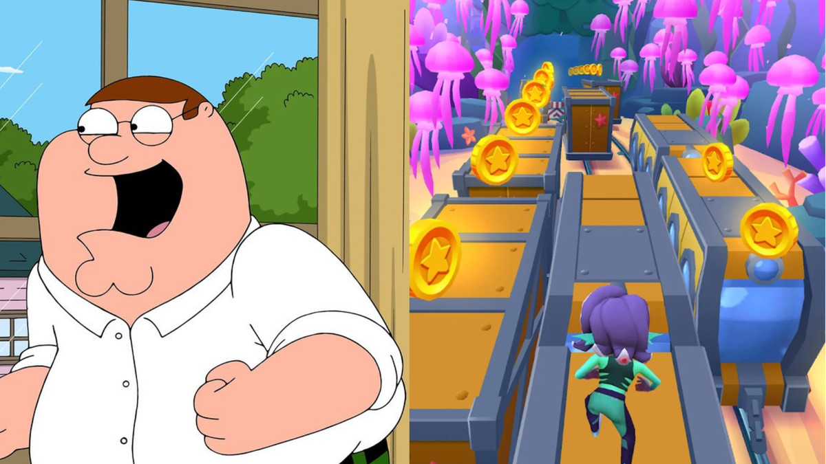 The left half of the screen shows off the father from Family Guy smiling. The right half shows off gameplay from Subway Surfers.