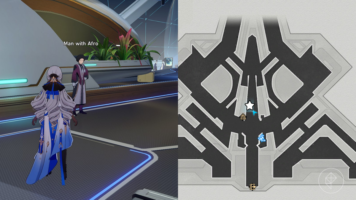 Bronya standing in front of Man with Afro to retrieve an authentication access card in Honkai: Star Rail.