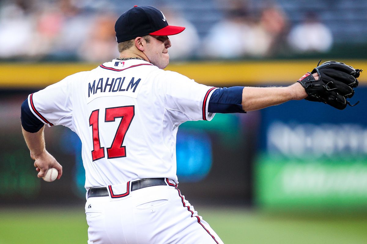 August 15, 2012; Atlanta, GA, USA; Atlanta Braves starting pitcher Paul Maholm (17) pitches in the second inning against the San Diego Padres at Turner field. Mandatory Credit: Daniel Shirey-US PRESSWIRE