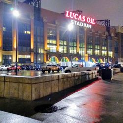 Lucas Oil Stadium at night.