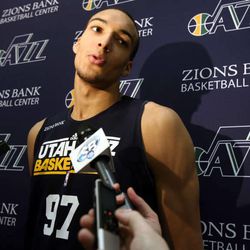 Rudy Gobert talks to the media after NBA draft team workouts at the Zion's Bank Basketball Center in Salt Lake City on Saturday, June 15, 2013. 
