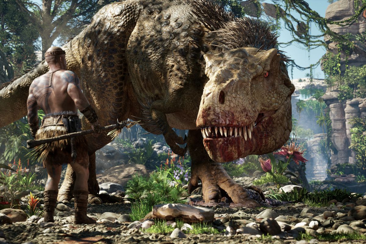 A hunter modeled after the actor Vin Diesel stares down a T. Rex in artwork from Ark 2