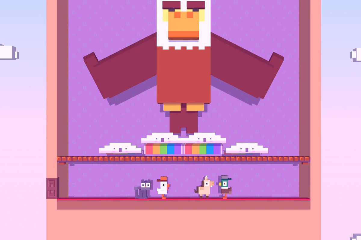 Crossy Road Castle screenshot featuring the eagle from the original Crossy Road standing over some critters