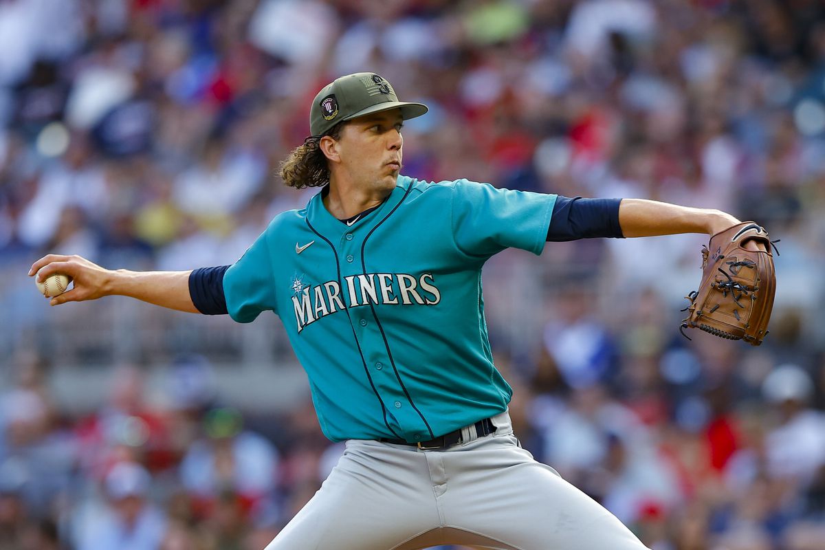 Logan Gilbert of the Seattle Mariners pitches during the first inning against the Atlanta Braves at Truist Park on May 20, 2023 in Atlanta, Georgia.