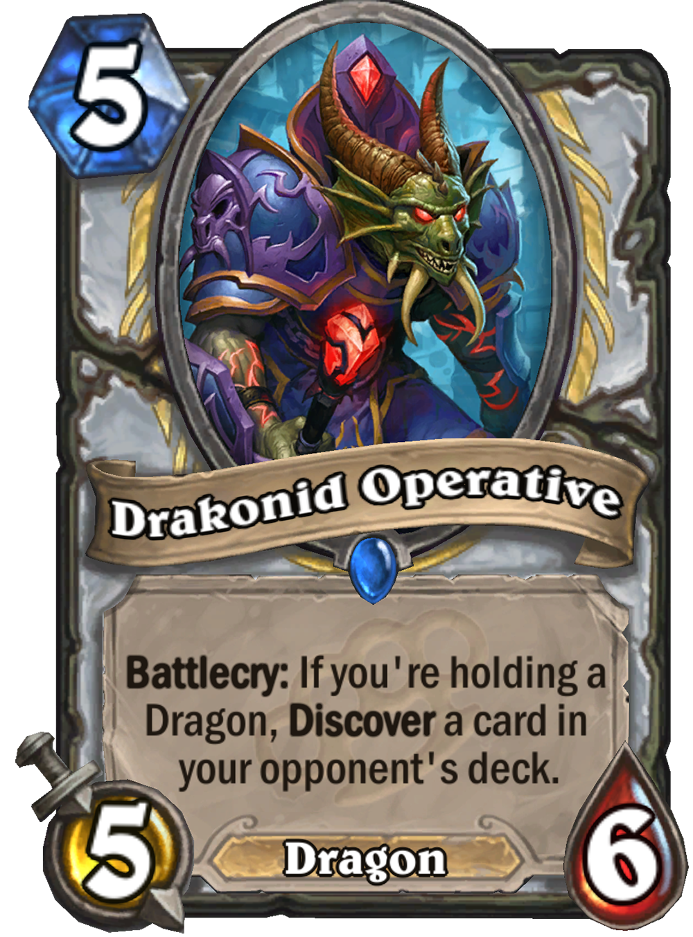An image of Hearthstone's Drakonid Operative card. The art features a lizard-esque humanoid figure clad in purple armor and holding a glowing red crystal wand. The card has five attack and six health, and its text reads: "Battlecry: If you're holding a Dr