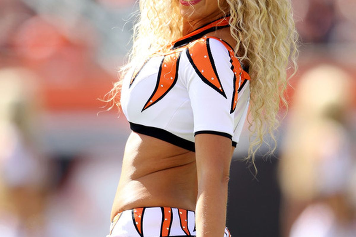 CINCINNATI, OH - OCTOBER 02:  A Cincinnati Bengals cheerleader performs during the NFL game against the Buffalo Bills at Paul Brown Stadium on October 2, 2011 in Cincinnati, Ohio.  The Bengals won 23-20.  (Photo by Andy Lyons/Getty Images)