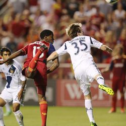 Real Salt Lake Olmes Garcia scores his first goal against the Los Angeles Galaxy's Greg Cochrane during an MLS game in Sandy Saturday, June 8, 2013. RSL beat L.A. 3-1.