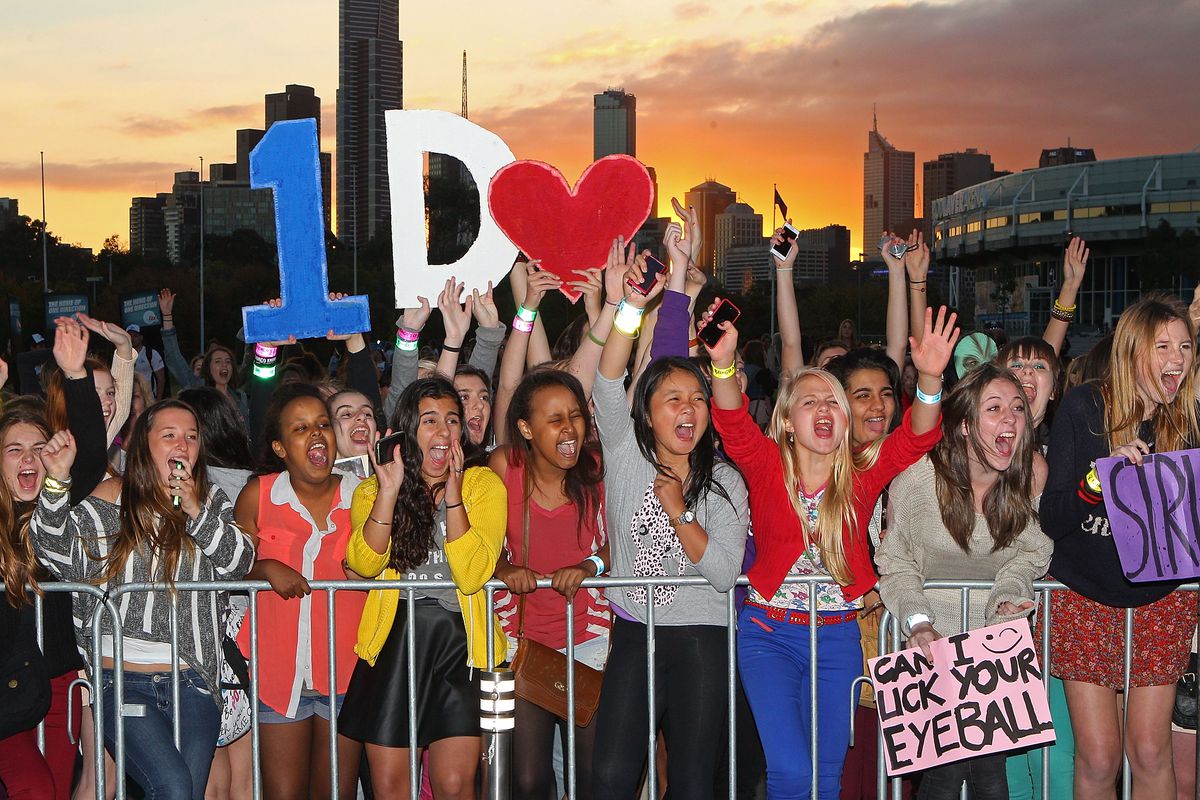 A group of One Direction fans stands behind a barricade holding up cutouts that represent a number one, a letter D, and a heart. Another sign reads, “Can I lick your eyeball?”