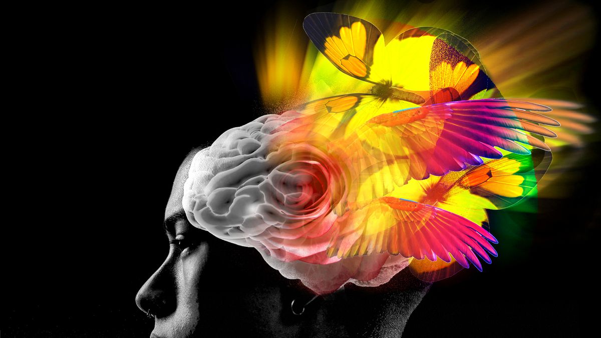 A photo illustration of a human brain with psychedelic thoughts.