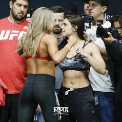 Ashley Yoder and Mackenzie Dern square off at UFC 222 weigh-ins.