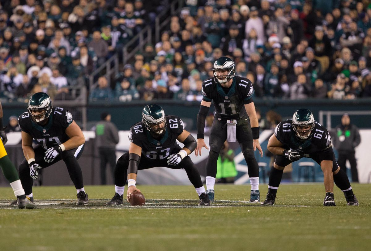 PHILADELPHIA, PA, - Philadelphia Eagles quarterback Carson Wentz (11) lines up behind center Jason Kelce (62), offensive guard Stefen Wisniewski (61), and offensive guard Isaac Seumalo (73) against the Green Bay Packers at  Lincoln Financial Field.