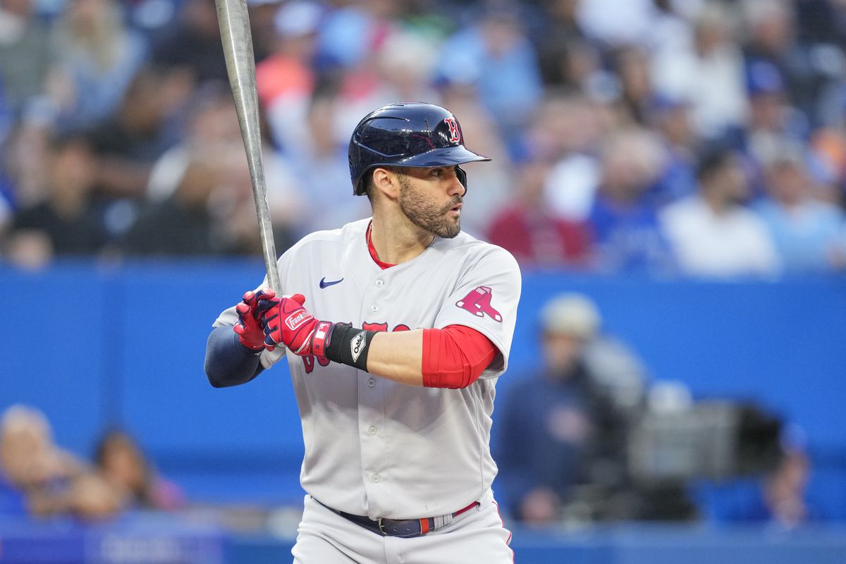J.D. Martinez #28 of the Boston Red Sox takes an at bat against the Toronto Blue Jays in the fourth inning during their MLB game at the Rogers Centre