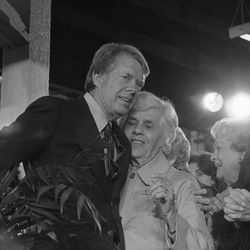 President-elect Jimmy Carter gets a hug from his mother Lillian, Wednesday, Nov. 3, 1976, during a victory celebration in Plains, Ga. Carter and his family spent Tuesday night in Atlanta awaiting the election results.