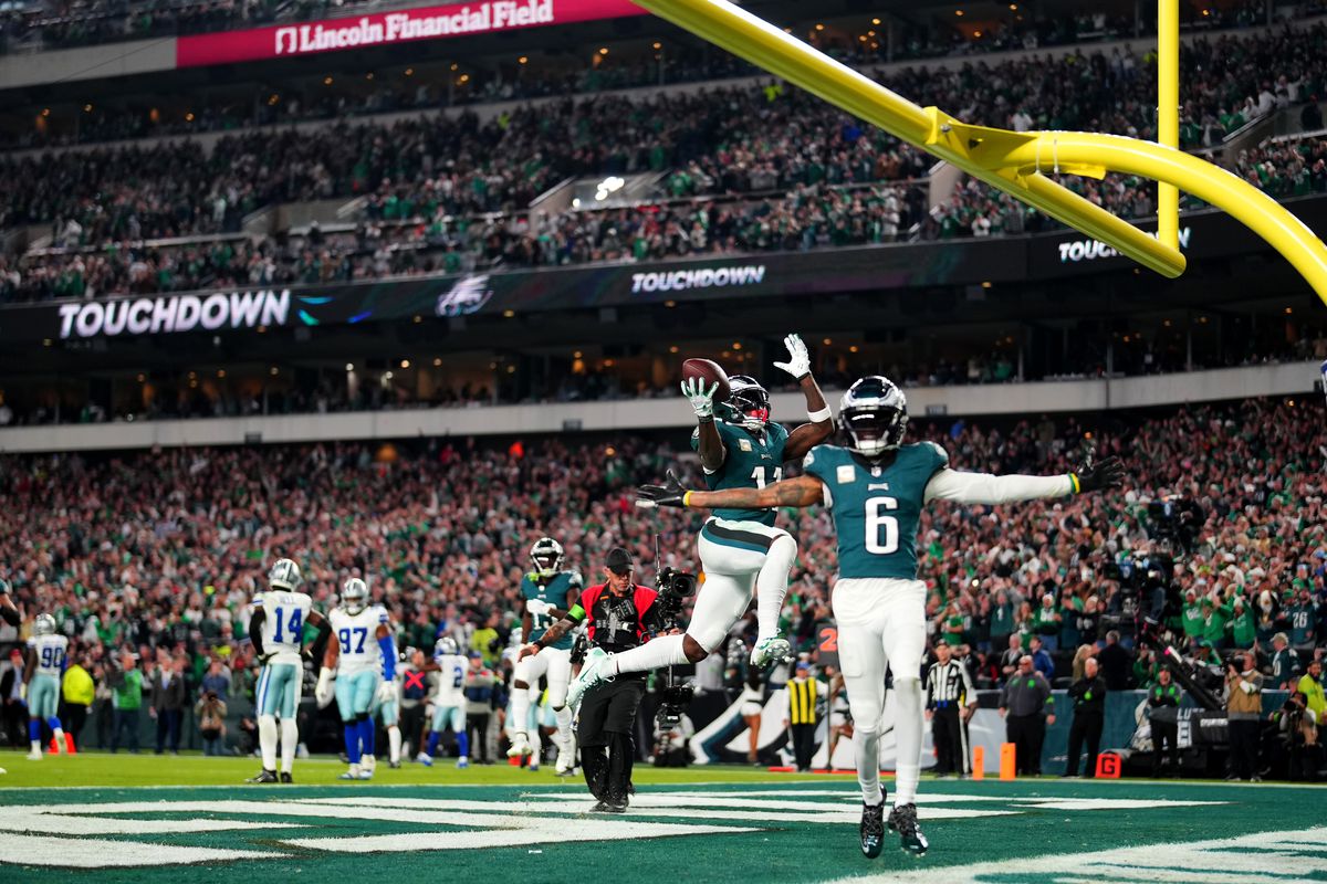 A.J. Brown #11 of the Philadelphia Eagles celebrates after a touchdown with DeVonta Smith #6 during the second half in the game against the Dallas Cowboys at Lincoln Financial Field on November 05, 2023 in Philadelphia, Pennsylvania.