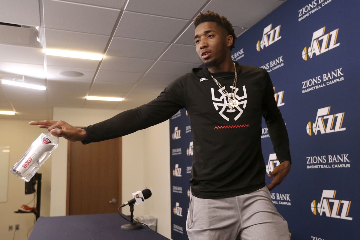 Utah Jazz guard Donovan Mitchell leaves after talking to the media at Zions Bank Basketball Center in Salt Lake City on Thursday, April 25, 2019. Utah's season ended with Wednesday's loss to Houston in the NBA playoffs.