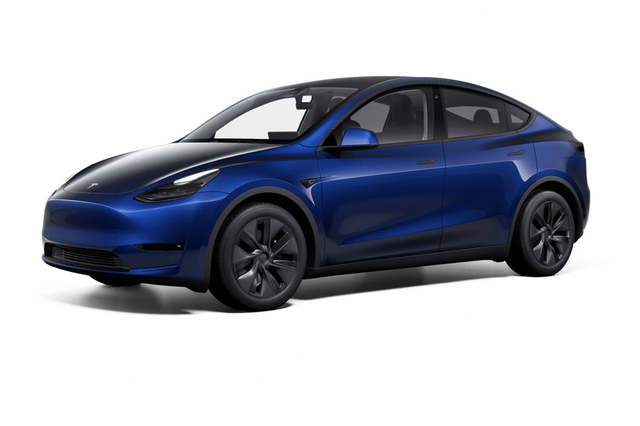 The new Model Y in blue, in a near-three-quarter view.