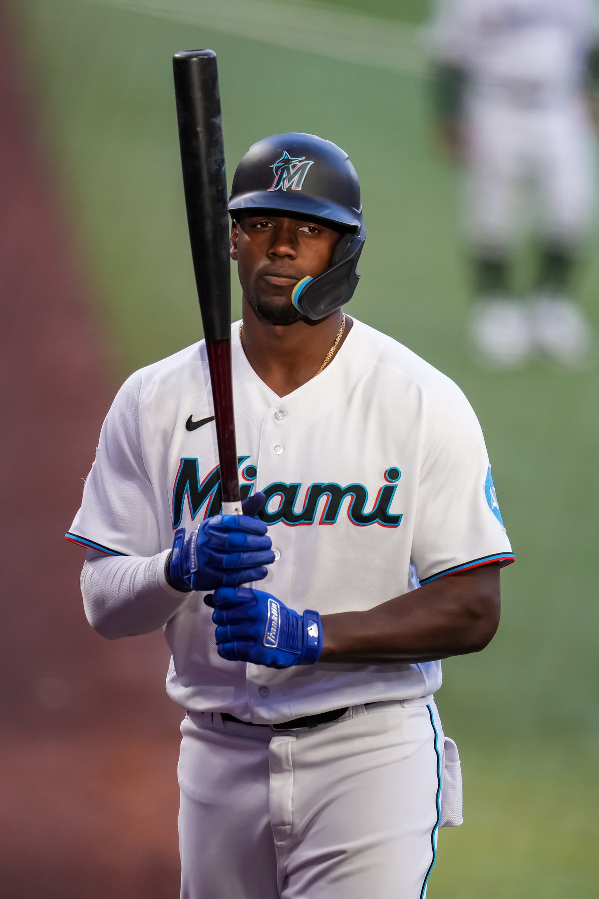 Jorge Soler #12 of the Miami Marlins looks on against the Minnesota Twins on April 4, 2023 at loanDepot park in Miami, Florida.