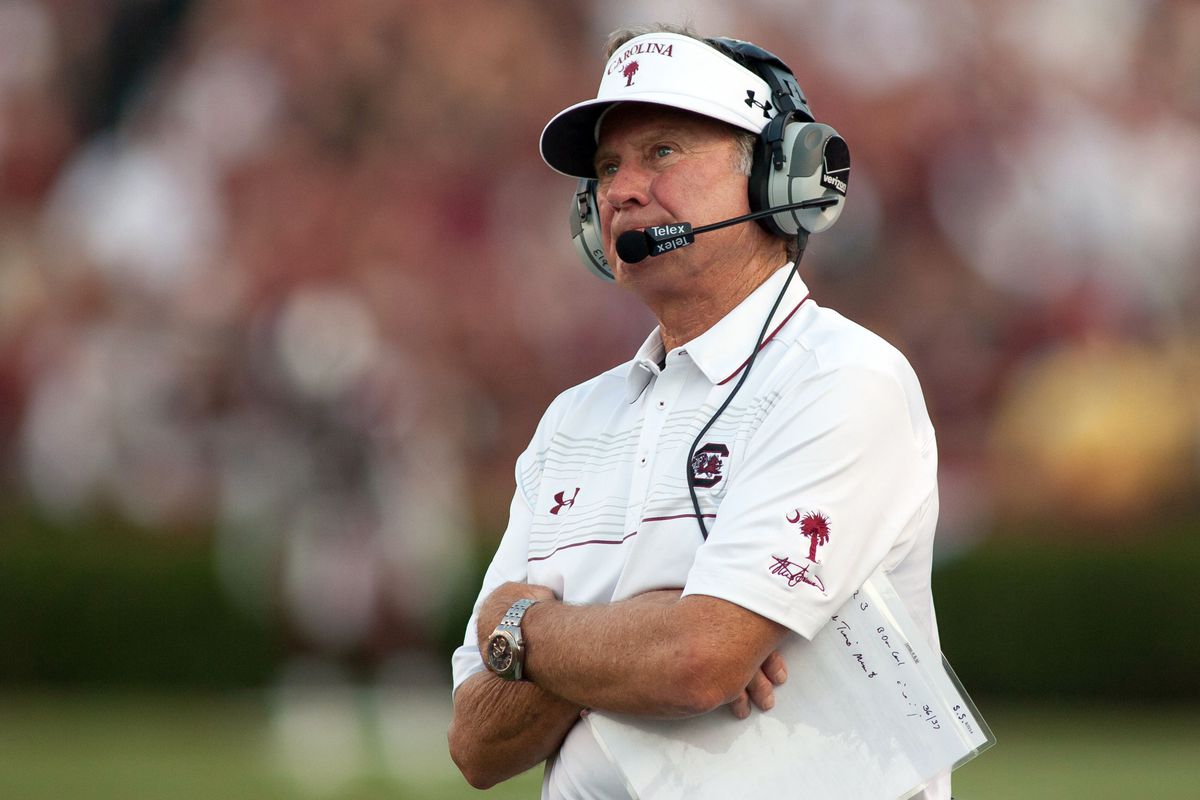 Aug 28, 2014; Columbia, SC, USA; South Carolina Gamecocks head coach Steve Spurrier watches a replay during the second quarter against the Texas A&M Aggies at Williams-Brice Stadium.