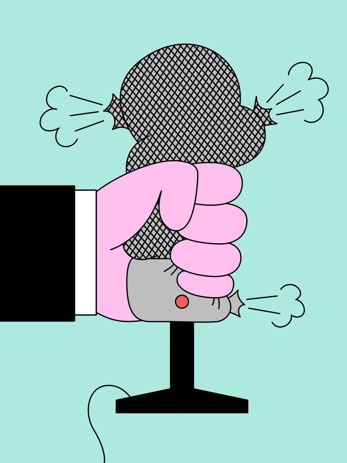 An illustration of a suited hand squeezing the air out of a microphone.