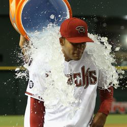 July 26: Randall Delgado gets a shower after his first complete game shutout.