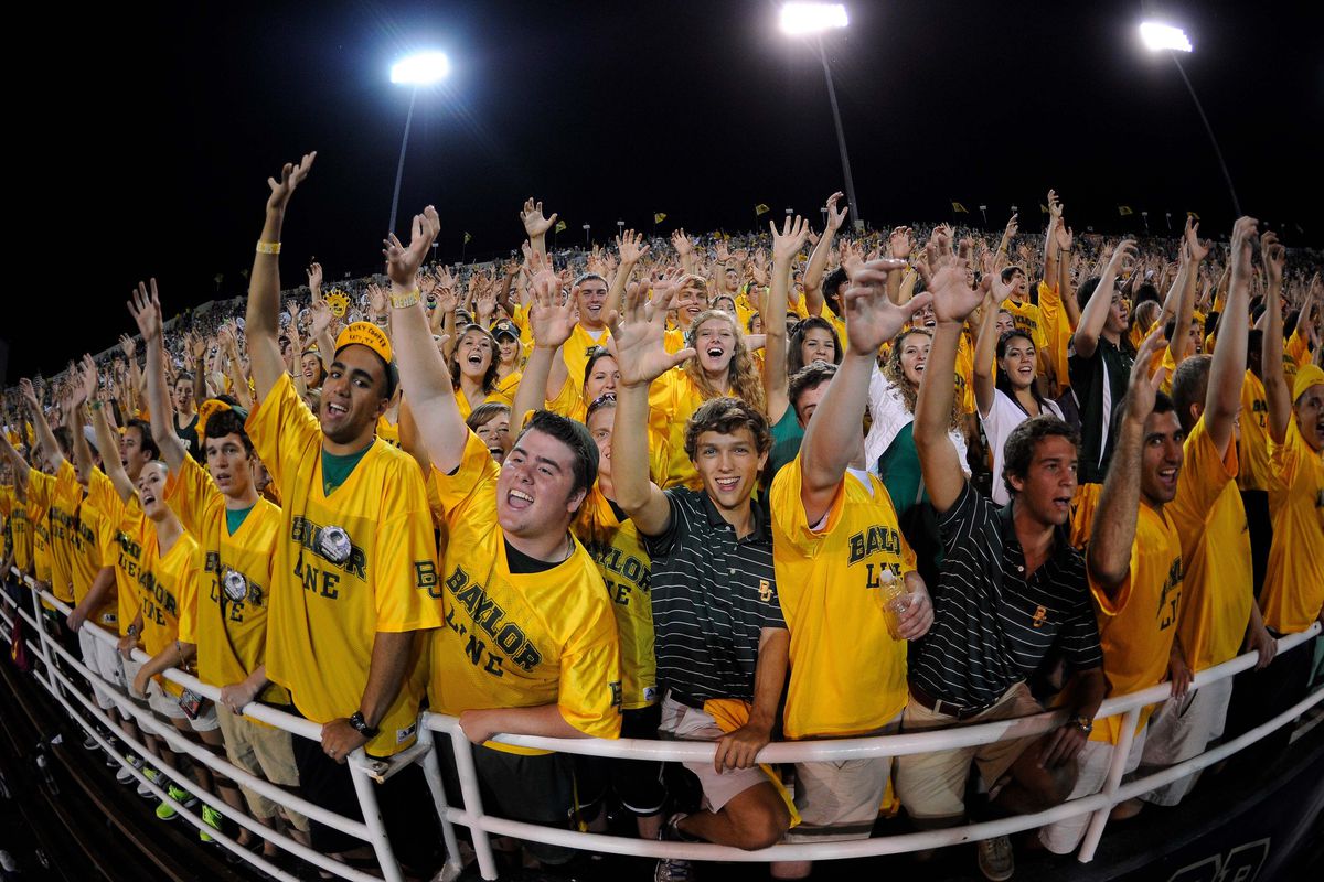 Sep 15, 2012; Waco, TX, USA; Baylor Bears students root for their team as they face the Sam Houston State Bearkats during the fourth quarter at Floyd Casey Stadium. The Bears defeated the Bearkats 43-28. Mandatory Credit: Jerome Miron-US PRESSWIRE