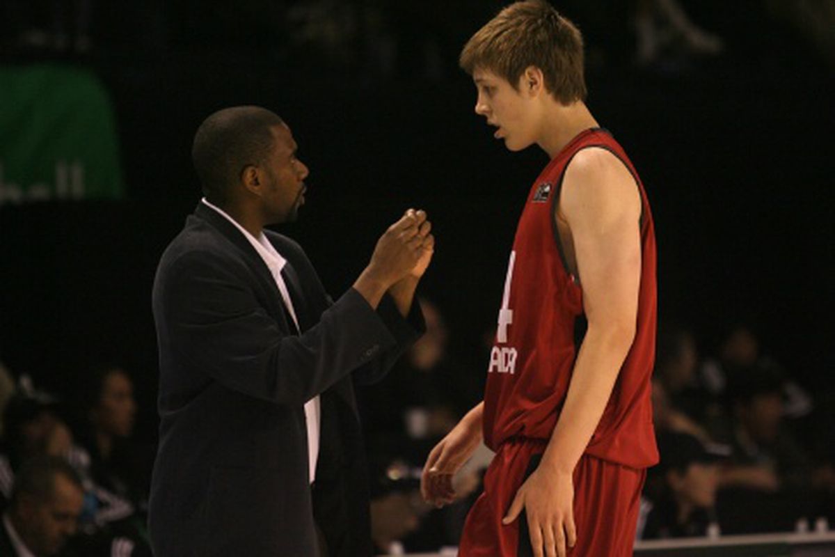 Canadian Head Coach Greg Francis (left) instructs Gonzaga commit Kelly Olynyk during a game at the FIBA U19 Tournament in New Zealand.  