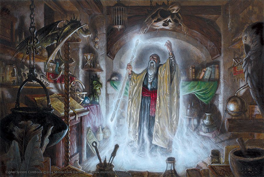 A wizard stands inside a phylactory, many tomes and artifacts around him. A small dragon looks on as he casts a lightning spell with a staff.