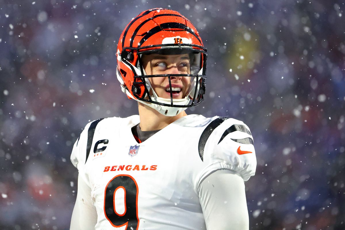 ORCHARD PARK, NEW YORK - JANUARY 22: Joe Burrow #9 of the Cincinnati Bengals looks on against the Buffalo Bills during the third quarter in the AFC Divisional Playoff game at Highmark Stadium on January 22, 2023 in Orchard Park, New York.