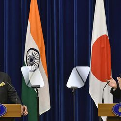 India's Prime Minister Narendra Modi, left, and Japan's Prime Minister Shinzo Abe attend a joint press conference at Abe's official residence in Tokyo, Japan, Friday, Nov. 11, 2016. After their bilateral meeting, both countries signed a civilian nuclear cooperation agreement that will allow Japan to export nuclear plant technology to India. 