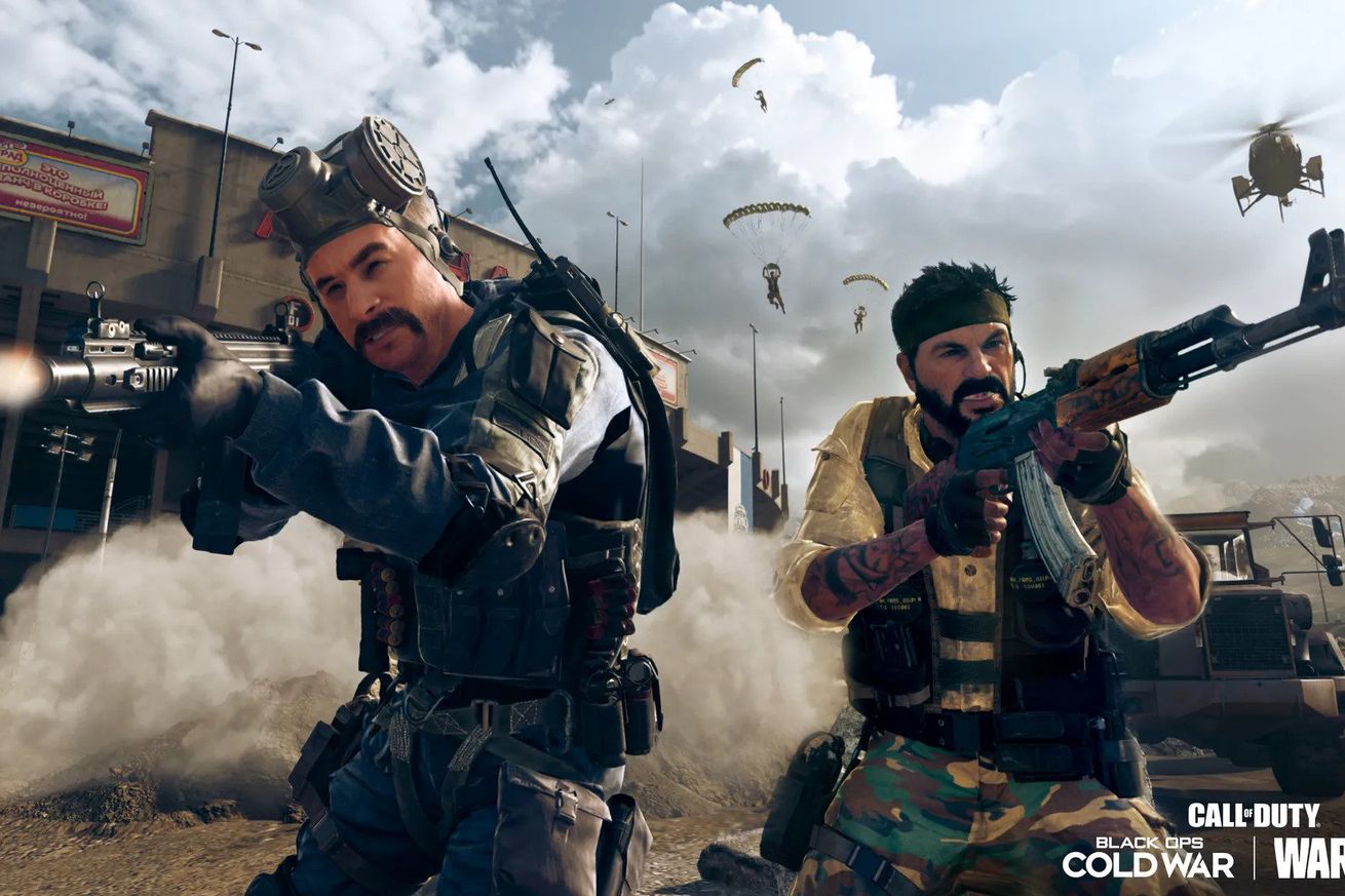 A screenshot of two characters shooting guns in Call of Duty: Warzone. 