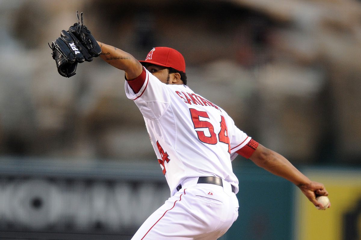 Jun 4, 2012; Anaheim, CA, USA; Los Angeles Angels pitcher Ervin Santana (54) pitches against the Seattle Mariners during the first inning at Angel Stadium of Anaheim. Mandatory Credit: Kelvin Kuo-US PRESSWIRE