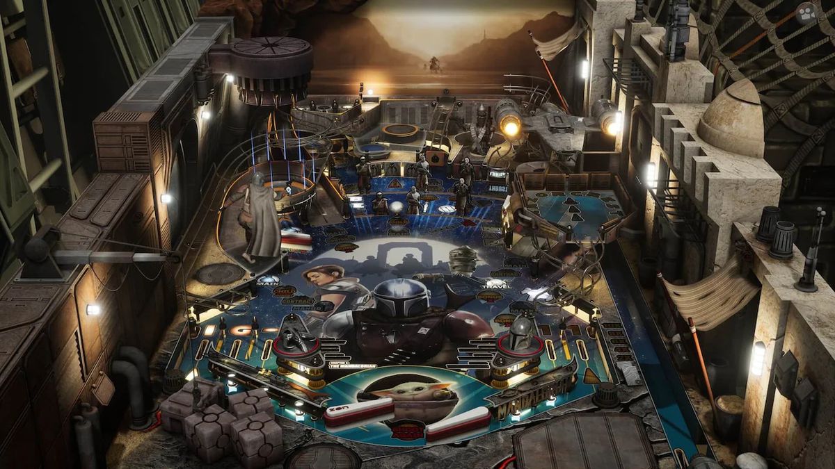 overhead shot of the playing surface on The Mandalorian, a table designed for Pinball FX by Zen Studios